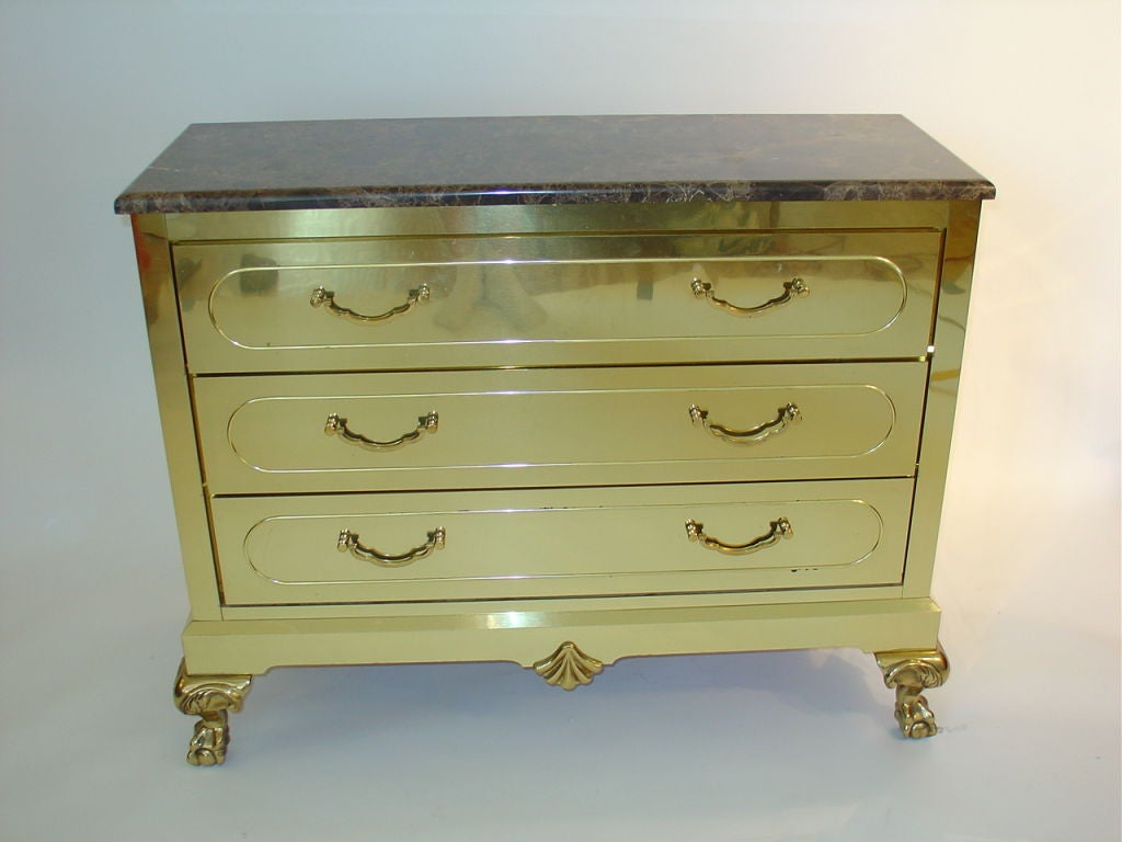 Custom 1960's Brass Chest of Drawers with Solid Brass Claw and Ball Foot legs and Marble Top.