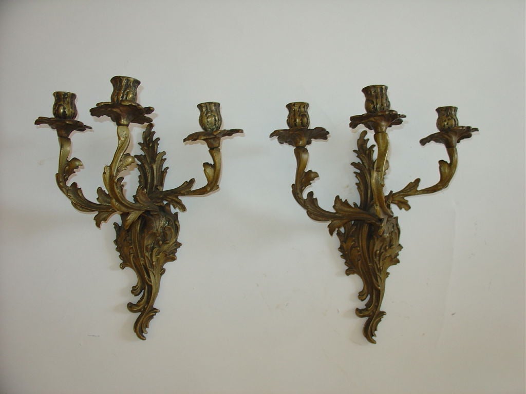 French Rococo Louis XV Style Bronze Three-Arm Sconces 2