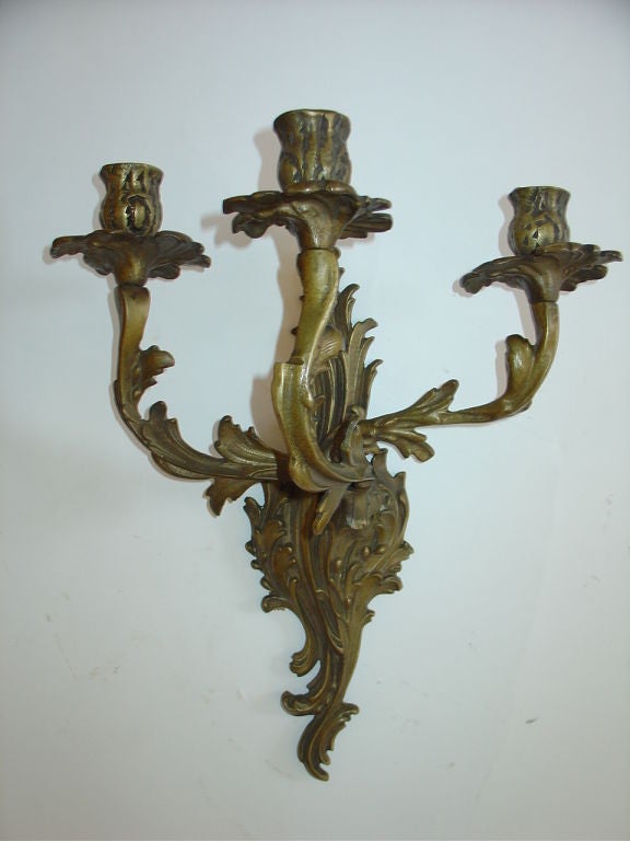 French Rococo Louis XV Style Bronze Three-Arm Sconces 1