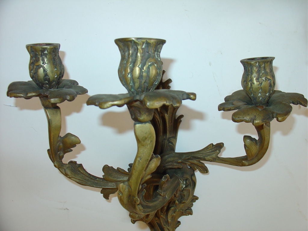 20th Century French Rococo Louis XV Style Bronze Three-Arm Sconces