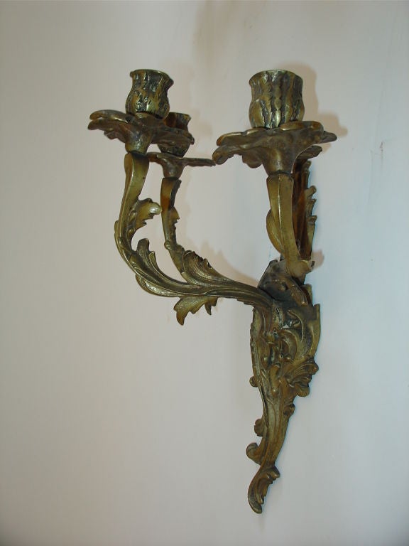 American French Rococo Louis XV Style Bronze Three-Arm Sconces