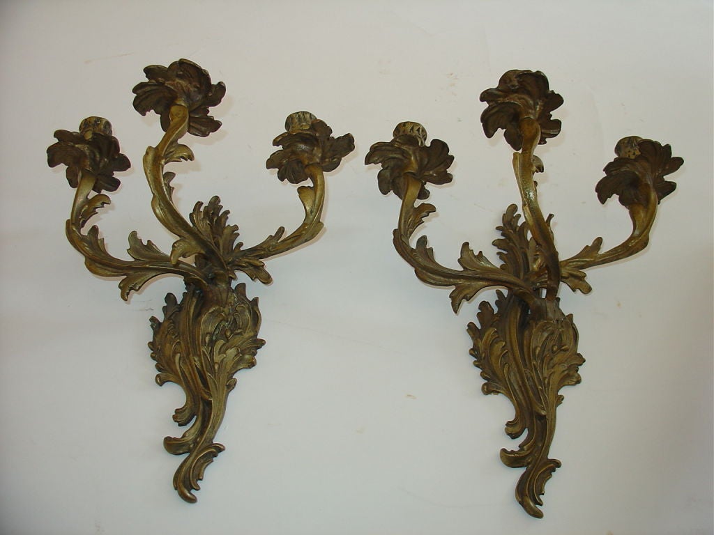 Bronze Louis XV style three-arm pair of sconces with scrolling Acanthus leafs.