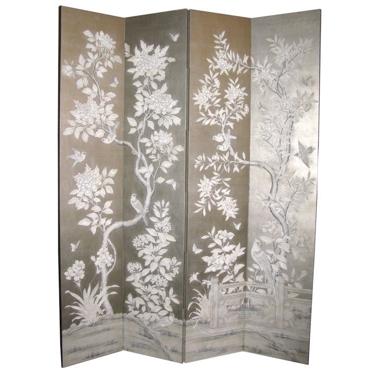 Silver handpainted Chinese wallpaper screen
