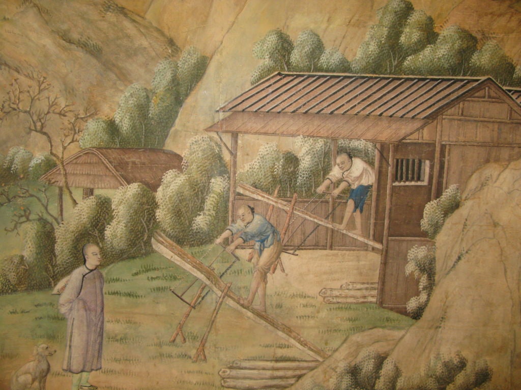 A large quantity of extremely fine handpainted Chinese scenic wallpaper, dating to the 1700's.  In beautiful, soft tones, depicting various aspects of tea cultivation.  Featuring figures, horses, dogs, and architecture among water and dramatic