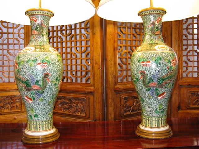 Pair of Large Famille Verte Chinese Vases as Lamps 5