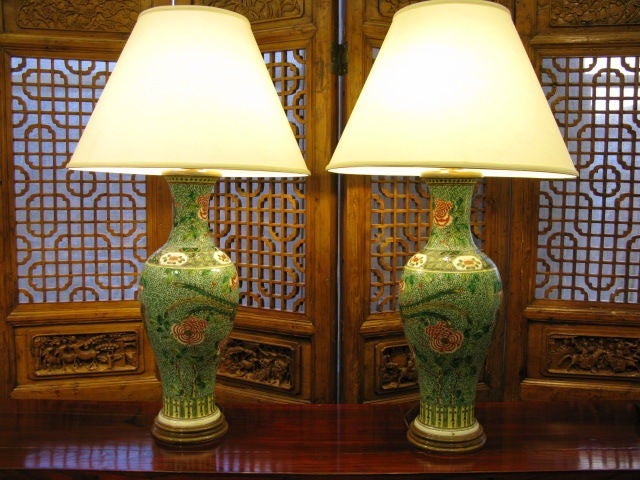 Pair of Large Famille Verte Chinese Vases as Lamps 1