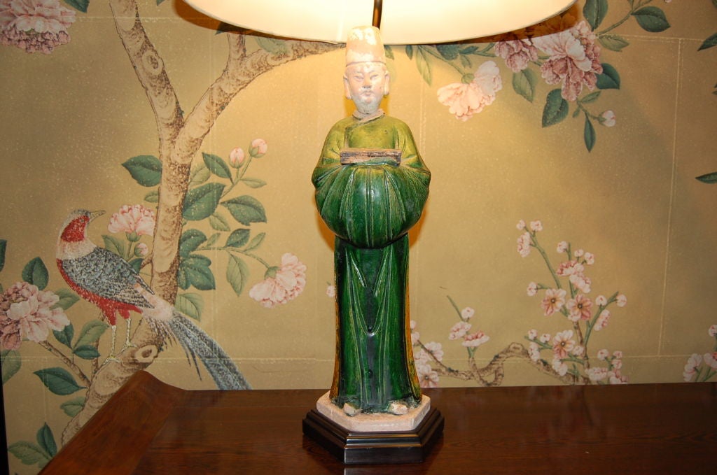 Large Ming Dynasty green glazed figure mounted as lamp