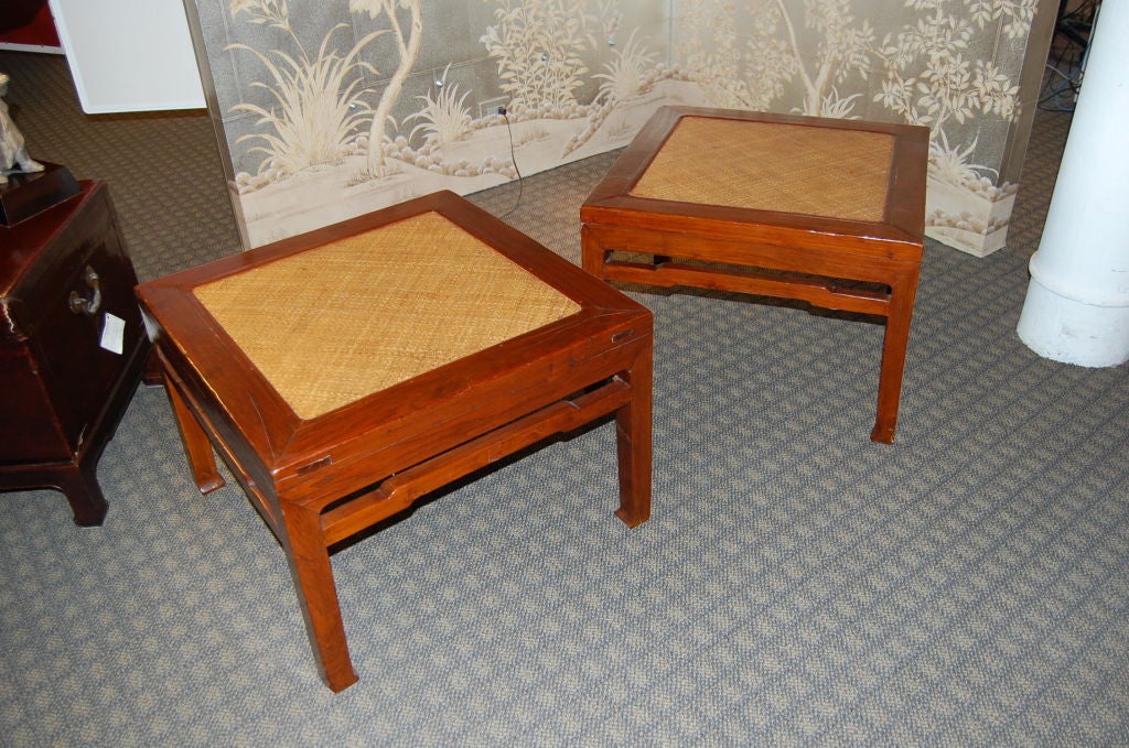 Pair of 18th Century Chinese Wooden Stools with Cane Tops For Sale 3
