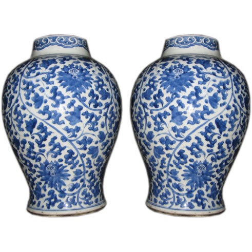 Pair of large Chinese Kangxi Period blue and white temple jars