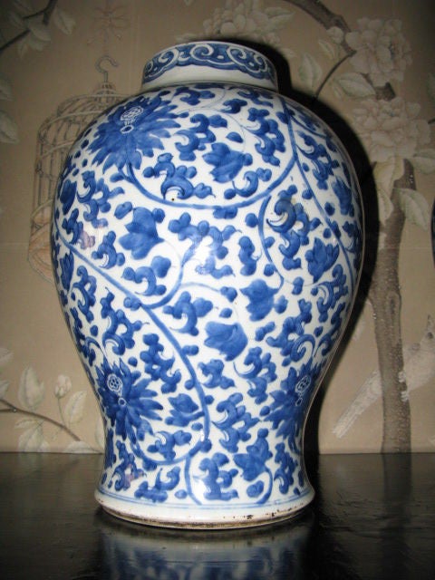 18th Century and Earlier Pair of large Chinese Kangxi Period blue and white temple jars