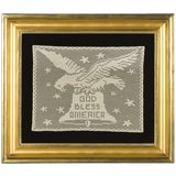 Antique CROCHETED EAGLE WITH LIBERTY BELL AND "GOD BLESS AMERICA" TEXT