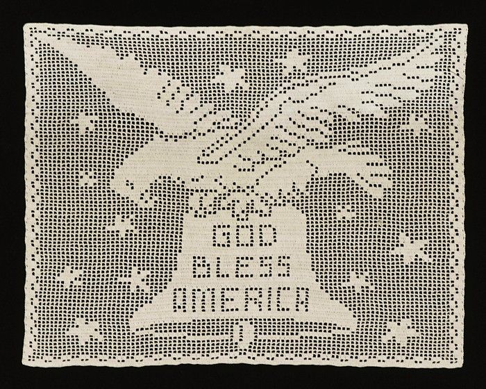 CROCHETED EAGLE WITH LIBERTY BELL AND "GOD BLESS AMERICA" TEXT