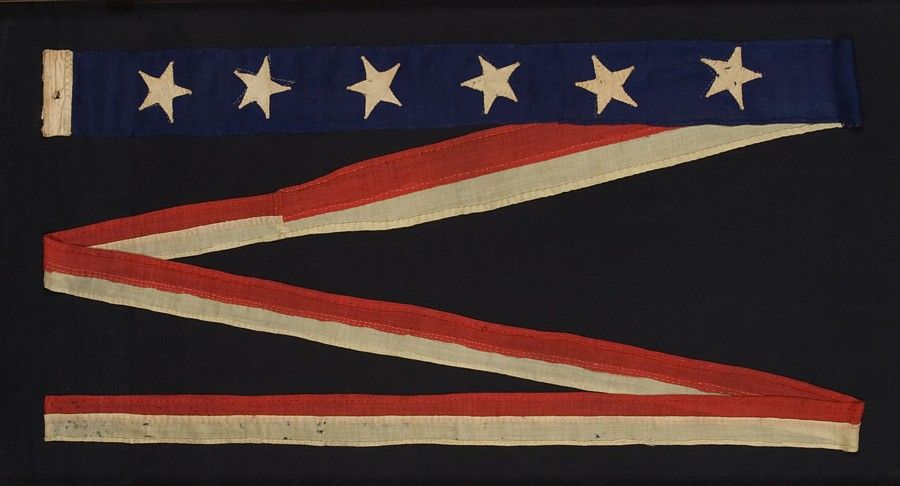 RARE, 6-STAR, U.S. NAVY COMMISSIONING PENNANT, ONE OF TWO KNOWN, ENTIRELY HAND-SEWN, 1876 ERA:<br />
<br />
Commissioning pennants are the distinguishing mark of a commissioned U.S. Navy ship. A ship became commissioned when this pennant was