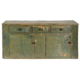 LATE 18TH CENTURY STEPBACK CUPBOARD BASE, WINDSOR GREEN PAINT