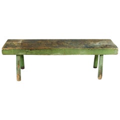 Antique BUTCHER BLOCK BENCH IN APPLE GREEN PAINT, MASSACHUSETTS, CA 1840