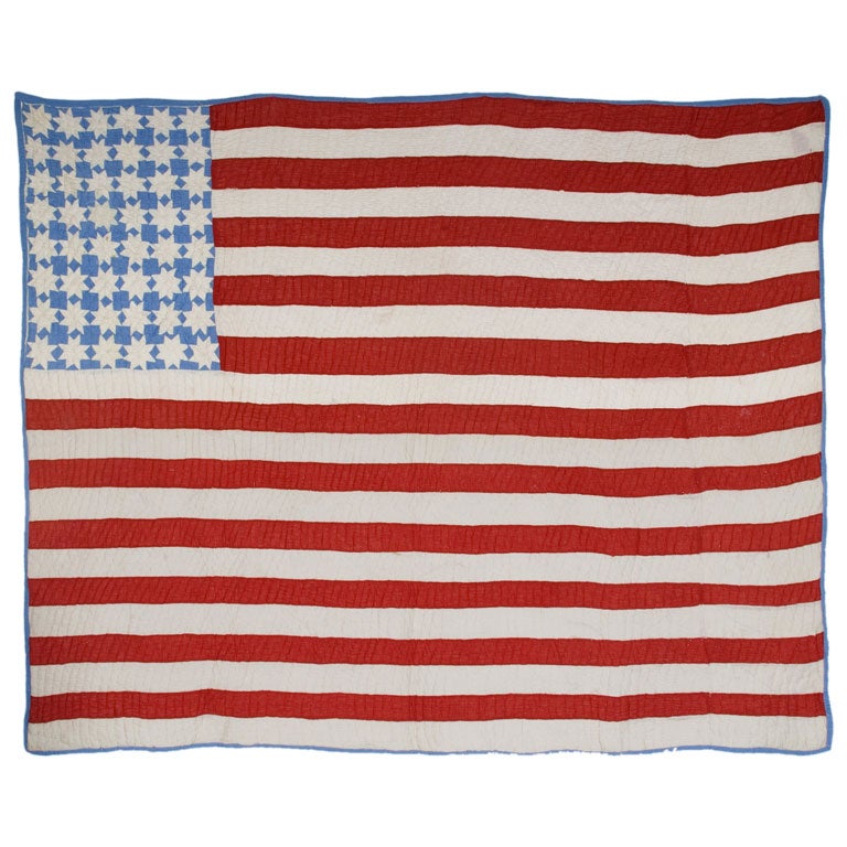 WHIMSICAL PATRIOTIC FLAG QUILT WITH 48 EIGHT-POINTED STARS