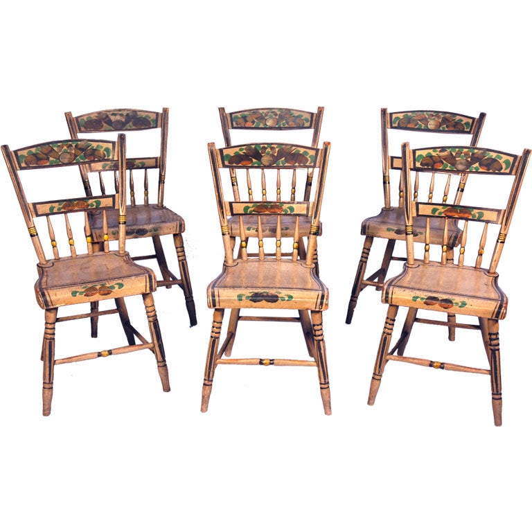 6 Pennsylvania Decorated Chairs, Grey, Unusual Color, Mid-19th C