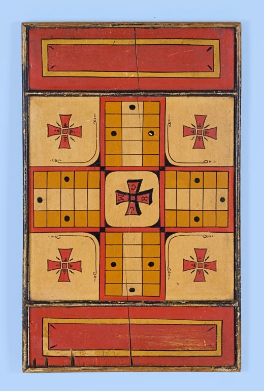 QUEBEC PARCHEESI BOARD WITH EXTRAORDINARY GRAPHICS & COLORS & ROYAL CANADIAN MOUNTED POLICE PROVENANCE:<br />
<br />
This Quebec Parcheesi board, with extraordinary colors and graphics, has the unusual feature of being linked to the Royal Canadian