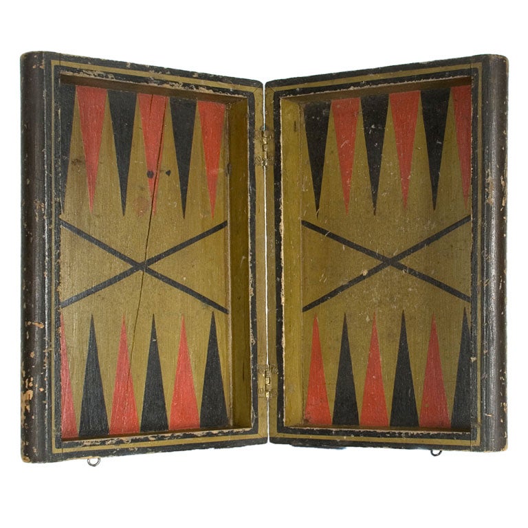 FOLDING BACKGAMMON BOARD, RED 
GREEN PAINT, 1870-1890