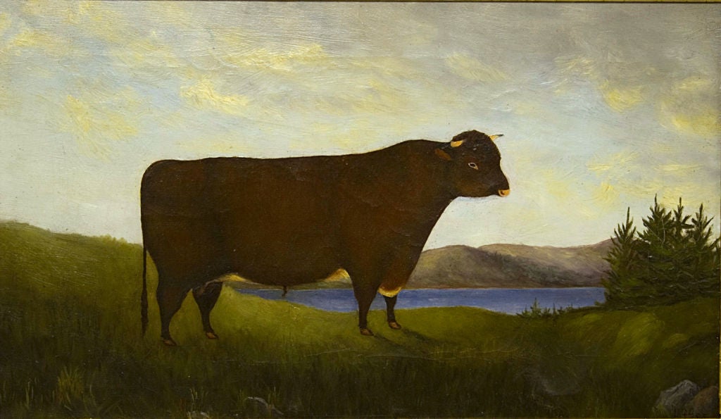 Folk portrait of a bull in oil on canvas, signed L.D.D. and dated 1885.  Found at an estate in the Hudson, New York area.  The painting’s great style and  presence in the stylized animal are enhanced by its elongated format and the artist’s strong
