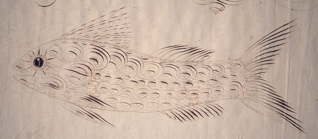 19TH CENTURY CALLIGRAPHY DRAWING OF A FISH SIGNED