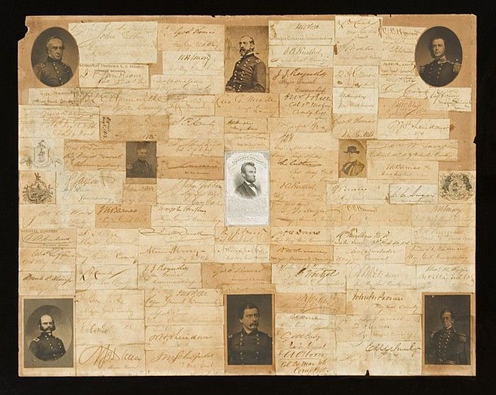 19TH CENTURY COLLAGE CONTAINING THE SIGNATURES OF MANY IMPORTANT CIVIL WAR GENERALS:<br />
<br />
This unusually graphic historical collage was likely assembled sometime between 1865 and the 1890’s. It contains eight printed paper portraits, three