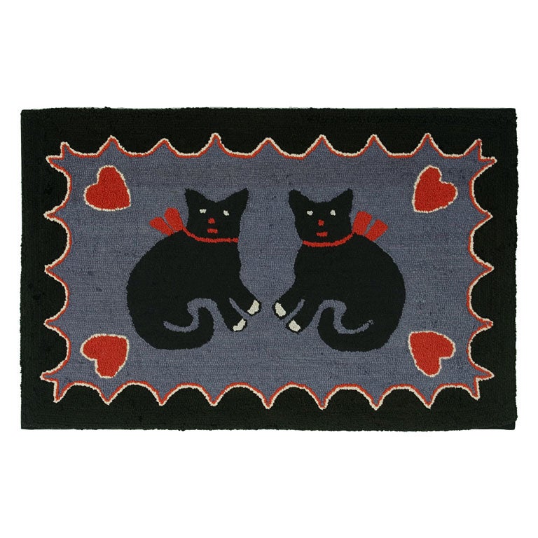 HOOKED RUG WITH HEARTS AND TWO BLACK CATS, 1940-50
