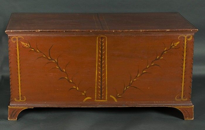 WESTERN PENNSYLVANIA BLANKET CHEST WITH HIGHLY UNUSUAL DECORATION THAT INCLUDES PUSSY WILLOWS, AN UNKNOWN BUT EXTRAORDINARY HAND, 1810-1830:<br />
<br />
This exceptional blanket chest resonates of both Pennsylvania and Ohio influences, but is