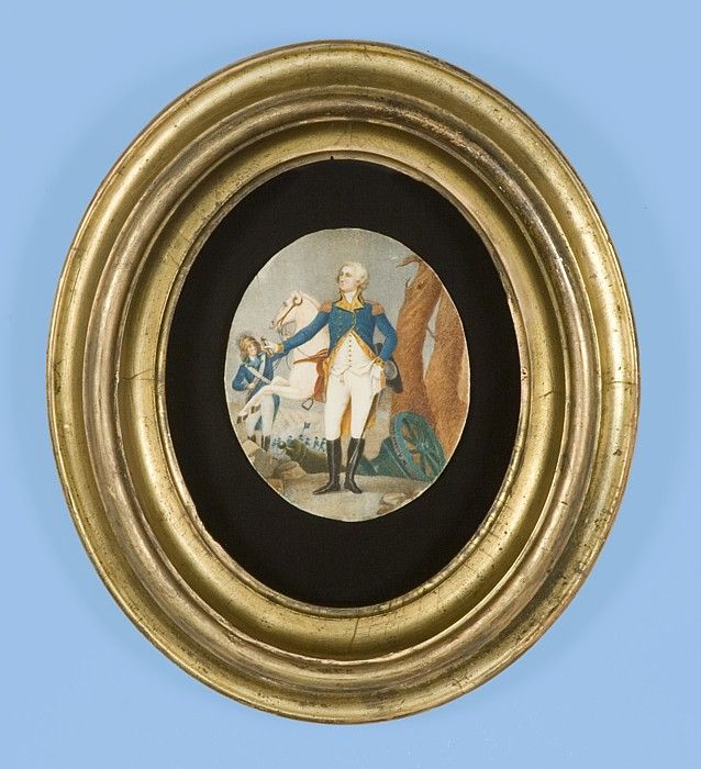EXTRAORDINARILY MINIATURE PAINTING OF GEORGE WASHINGTON ON IVORY, AFTER JOHN TRUMBULL (WASHINGTON BEFORE THE BATTLE OF TRENTON), CA 1876, LARGE SCALE:<br />
<br />
This exceptional miniature watercolor and gouache painting is executed on a large