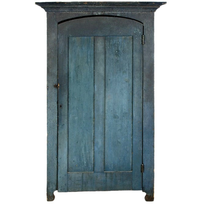 BLUE PAINTED WALL CUPBOARD WITH ARCHITECTURAL DOOR