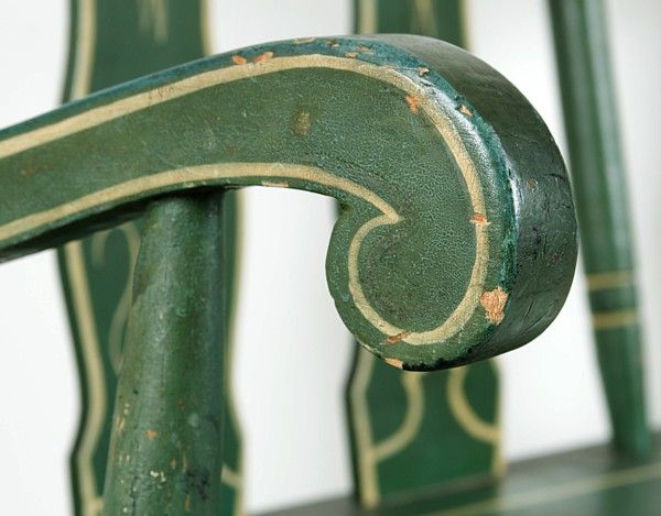 APPLE GREEN SETTEE WITH EXCEPTIONAL FOLK STYLE PAINT DECORATION.