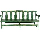 APPLE GREEN SETTEE WITH EXCEPTIONAL FOLK STYLE PAINT DECORATION.
