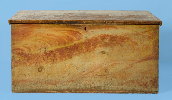 6-BOARD CHEST WITH WHIMSICAL GRAIN PAINT DECORATION, ca 1810-1850, FOUND ON NANTUCKET, MA:<br />
<br />
This pine, New England, 6-board chest was made sometime during the first half of the 19th century. It has a dovetailed case, cast iron hinges,