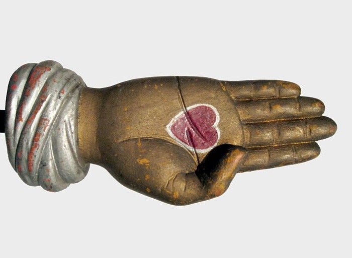 Some of the best American folk art objects are represented in the ceremonial regalia of the Odd Fellows fraternal organization.  This ca 1870 - 80 heart-in-hand staff is excellent due to the quality of the carving (compared to most surviving