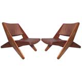 Pair Solid Walnut and Leather Folding Lounge Chairs