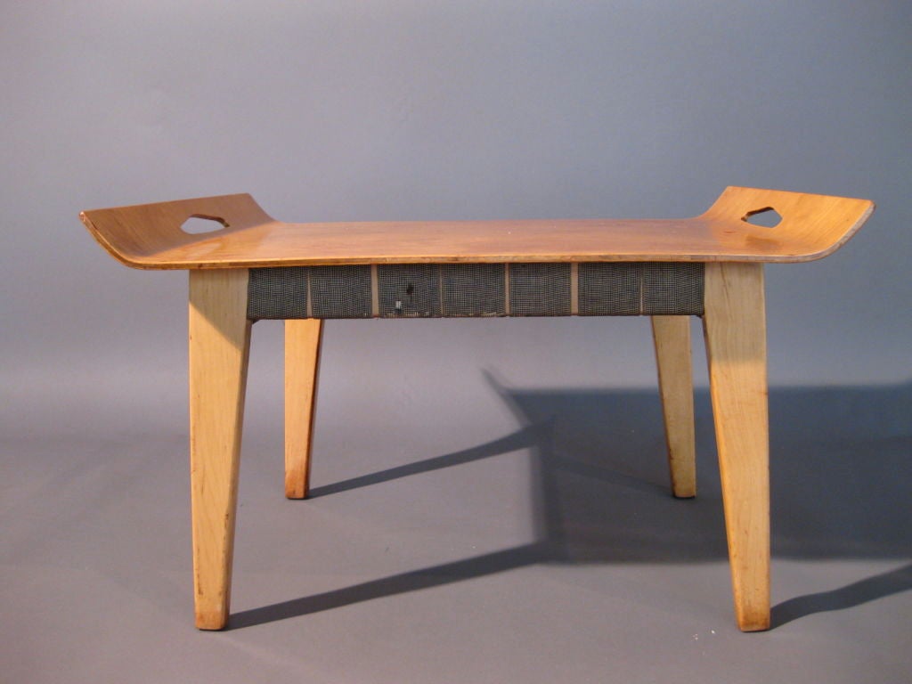 Museum quality tray tables/stools with fitted, removable moulded plywood trays on webbed stools.  In beautiful original condition.  Sorensen was an earlly associate of Hans Knoll at the beginnings of the firm.