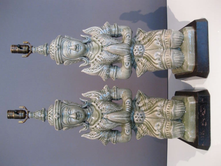 Pair 1940's Thai Goddess Ceramic Lamps