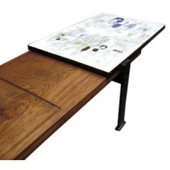 A Long Modernist Cocktail Table in Oak, Tile and Steel