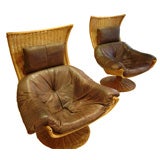 Vintage A Pair of Wicker and Leather Modernist Club Chairs