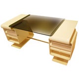 A Sculptural Desk in Cream Lacquer and Smoked Glass