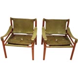 A Pair of Rosewood Safari Chairs in Green Leather