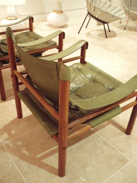 Brazilian A Pair of Rosewood Safari Chairs in Green Leather