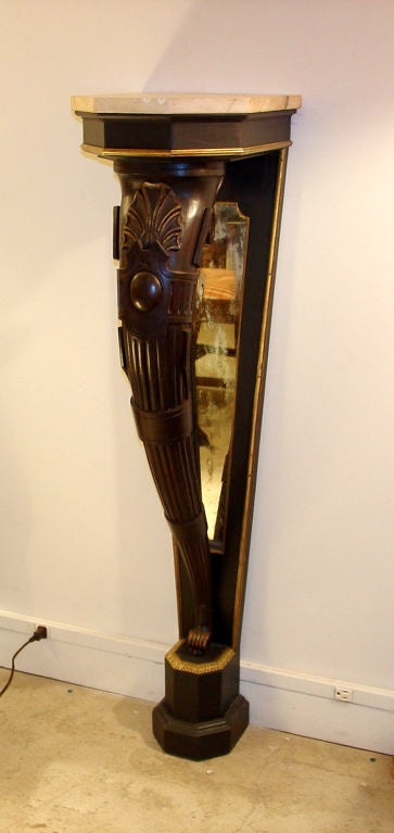 Pair of Black Narrow Consoles with Marble Tops