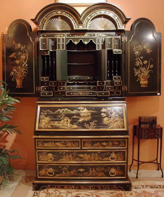 Large black and gold chinoiserie secretary created for East and Orient Company