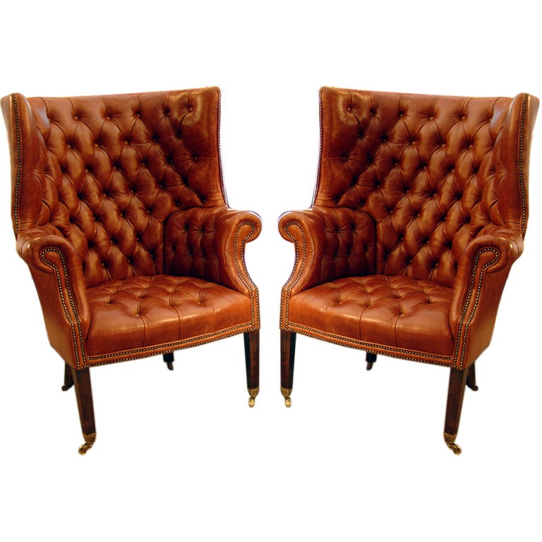 Pair of Early 19th Century Leather Wing Back Armchairs