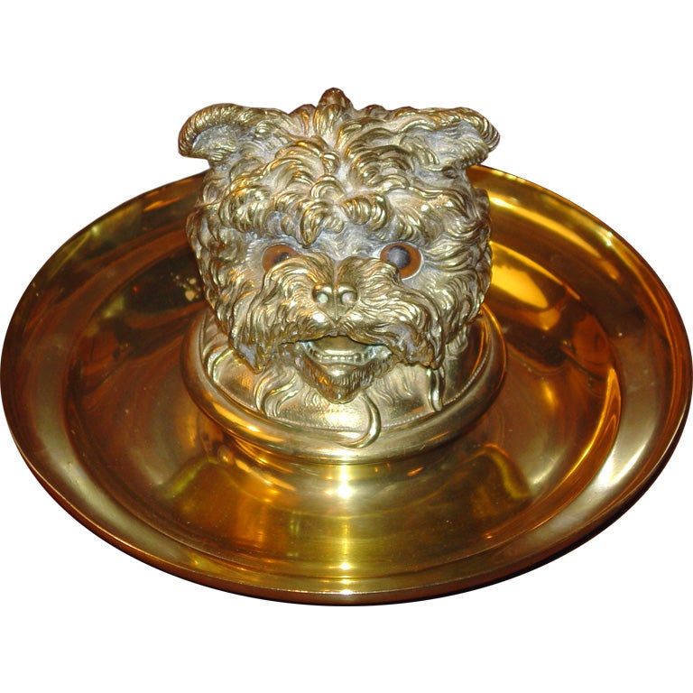 19th Century English Brass Dog Inkwell For Sale