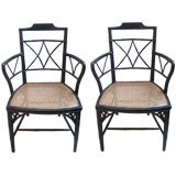 Pair of Faux Bamboo Arm Chairs with Woven Caned Seats