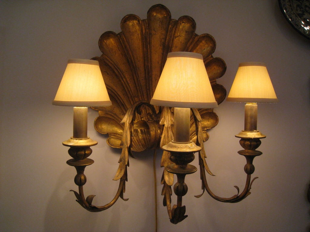 Single Carved Wooden Shell Sconce with 3 Tole Arms and Lights.  Original Finish.