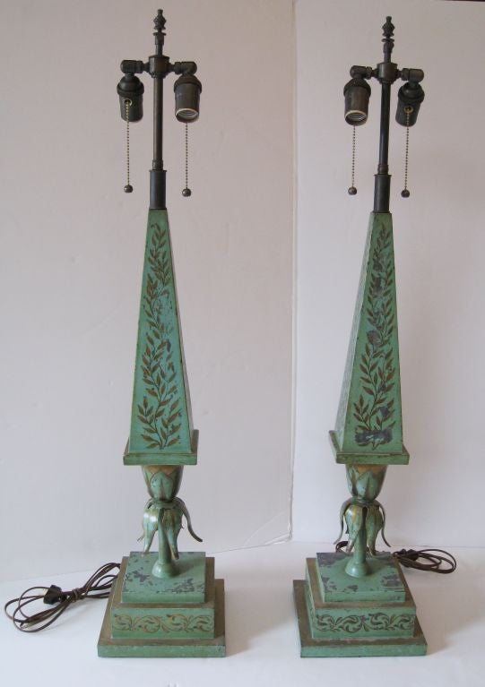 Pair of Italian Toleware Lamps.  Restored and Rewired .<br />
New Double Clusters. Some loss to paint as seen in photos  Shades $350. Each
