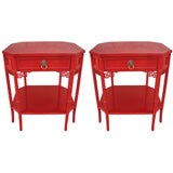 Pair of Faux Bamboo Asian Style Red Lacquer Side Tables